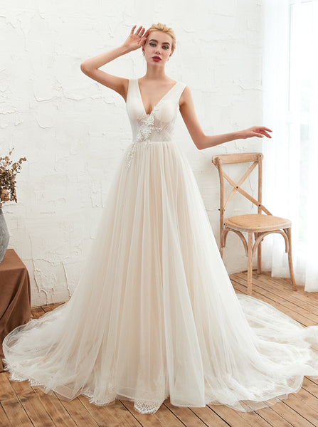 A-line Wedding Dress Tulle,Open Back Wedding Dress,WD00480