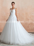 A-line Wedding Dress with Sequined Appliques,Tulle Illusion Back Wedding Gown,WD00470