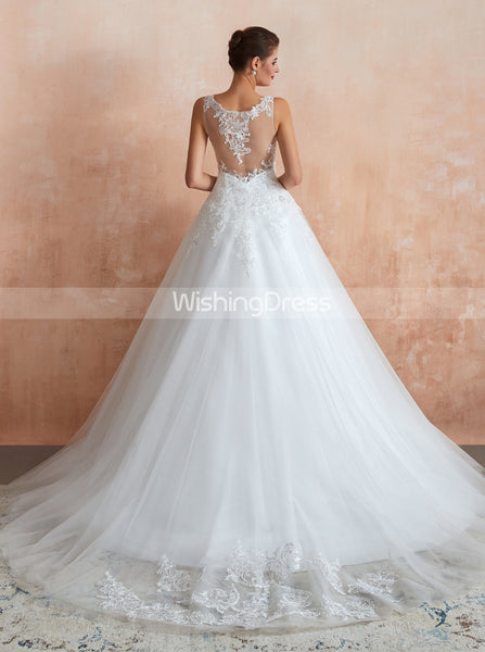 A-line Wedding Dress with Sequined Appliques,Tulle Illusion Back Wedding Gown,WD00470