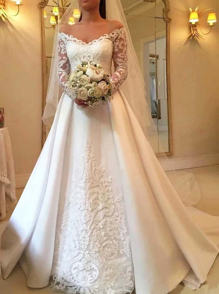 A-line Wedding Dress with Sleeves,Off the Shoulder Wedding Dress,WD00604