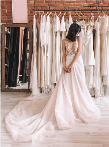 A-line Wedding Dress with Train,Boho Bridal Gown,WD00506
