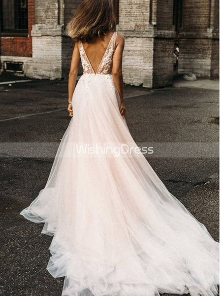 A-line Wedding Dress with Train,Boho Bridal Gown,WD00506