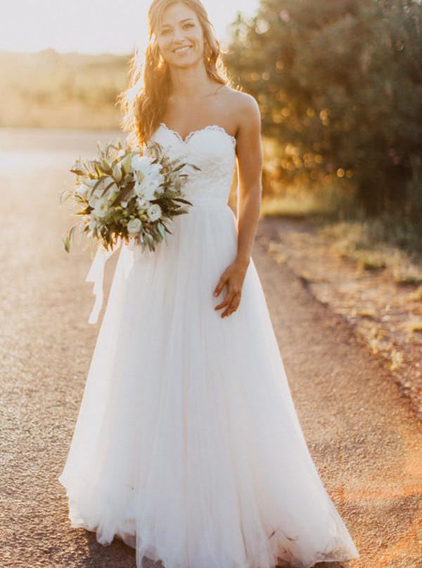 A-line Wedding Dresses,Tulle Wedding Dress,Strapless Bridal Dress,Simple Wedding Dress,WD00169 US26W / White