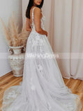 A-line Wedding Dresses with Floral Appliques,V-neck Tulle Bridal Dress,WD00504