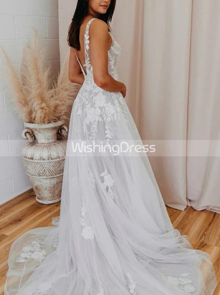 A-line Wedding Dresses with Floral Appliques,V-neck Tulle Bridal Dress,WD00504