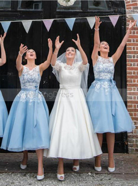Aline Blue Bridesmaid Dress,Embroidered Bridesmaid Dress,Tea Length Bridesmaid Dress,BD00121