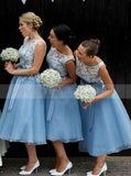Aline Blue Bridesmaid Dress,Embroidered Bridesmaid Dress,Tea Length Bridesmaid Dress,BD00121