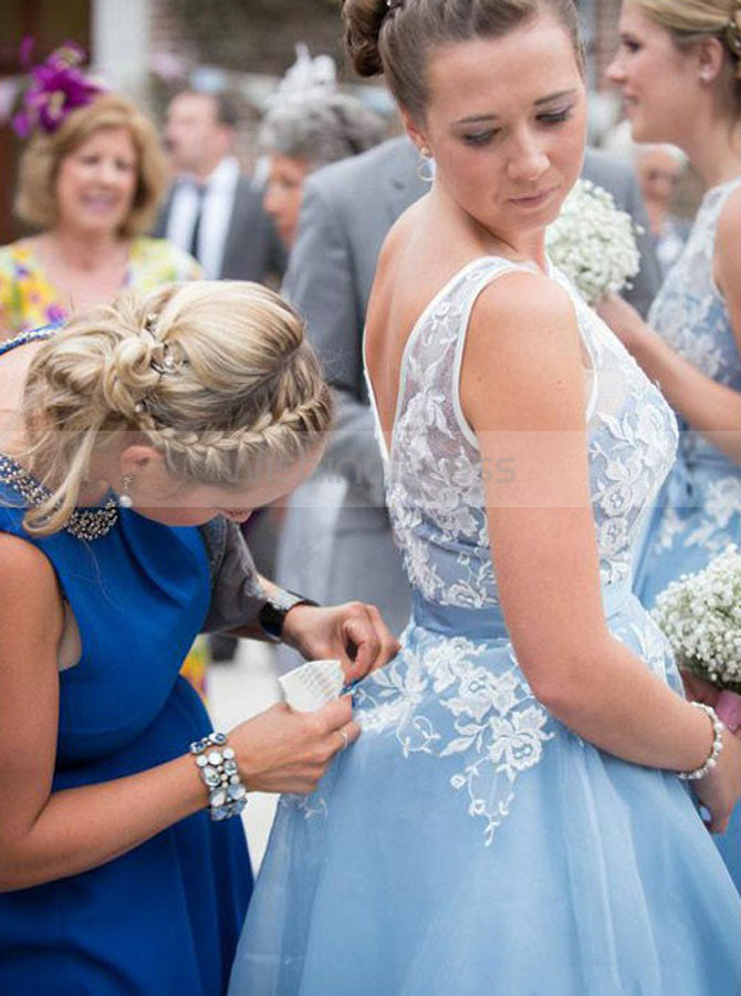 Aline Blue Bridesmaid Dress,Embroidered Bridesmaid Dress,Tea Length Br - Wishingdress Aline Blue Bridesmaid Dress,Embroidered Bridesmaid Dress,Tea Length Br - Wishingdress