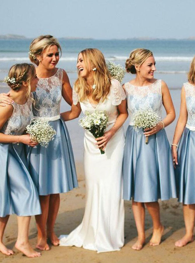 Aline Bridesmaid Dress,Knee Length Bridesmaid Dress,Satin Blue Bridesm