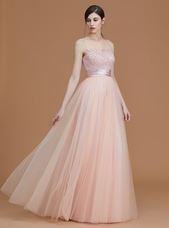 Aline Long Bridesmaid Dress,Tulle See Through Bridesmaid Dress,Elegant