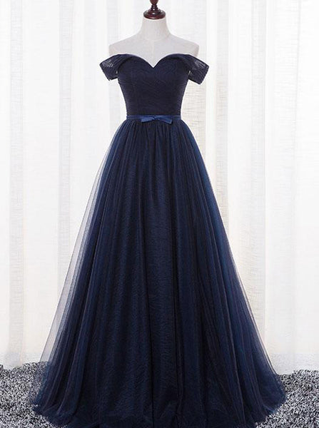 Aline Tulle Bridesmaid Dress,Dark Navy Bridesmaid Dress,Off the Shoulder Bridesmaid Dress,BD00193