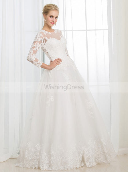 Ball Gown Wedding Dress with Sleeves,Lace Wedding Gown,Floor Length Wedding Dress,WD00020