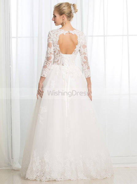 Ball Gown Wedding Dress with Sleeves,Lace Wedding Gown,Floor Length Wedding Dress,WD00020