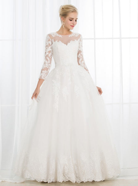 Ball Gown Wedding Dress with Sleeves,Lace Wedding Gown,Floor Length Wedding Dress,WD00020