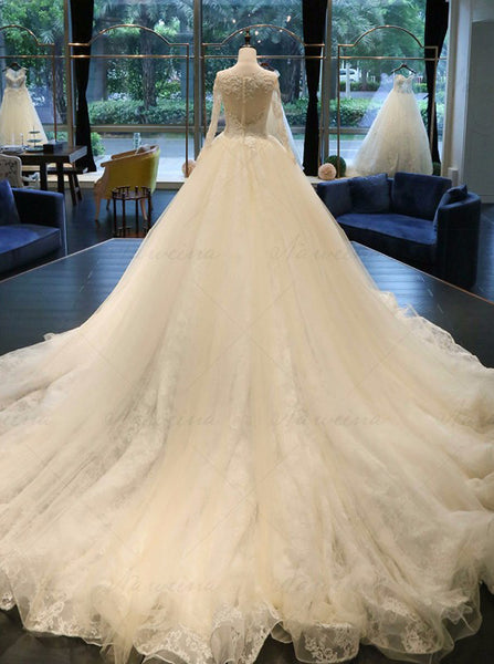 Ball Gown Wedding Dresses,Wedding Gown with Sleeves,Cathedral Train Wedding Dress,WD00065