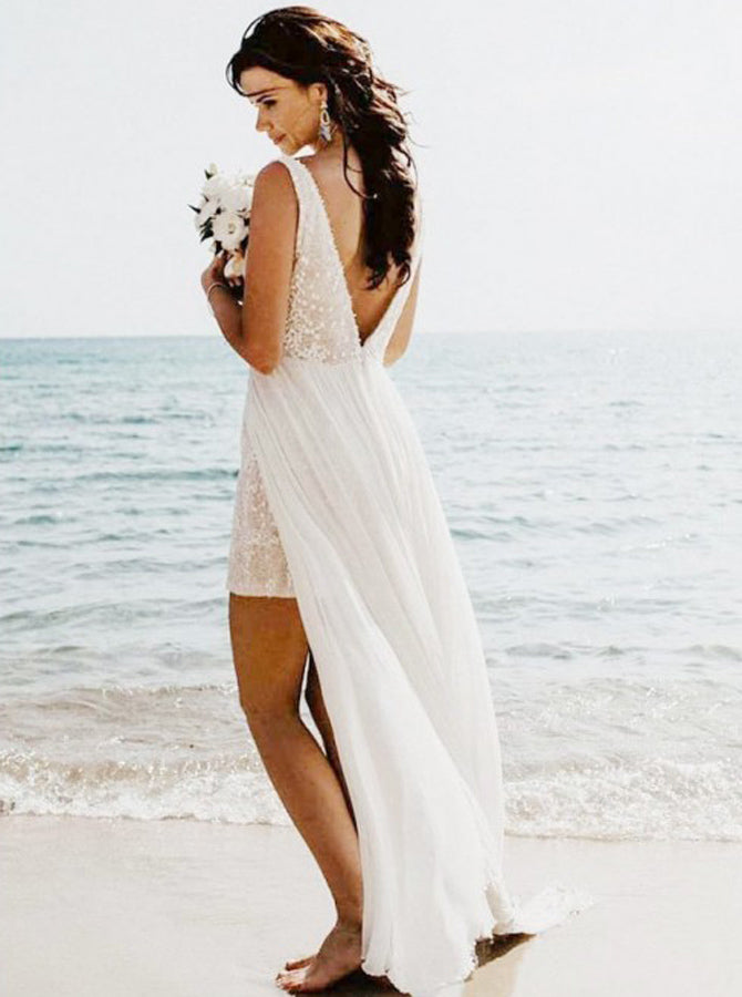 Beach Wedding Dresses,Lace Chiffon Wedding Dress,Romantic Wedding Dres