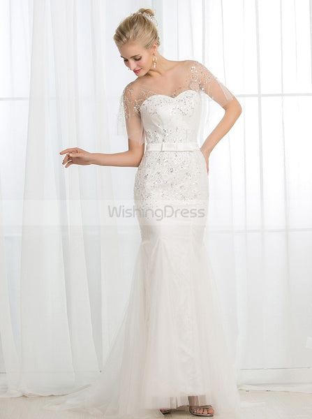 Beaded Mermaid Wedding Dresses,Short Sleeves Wedding Dress,Illusion Bridal Dress,WD00021