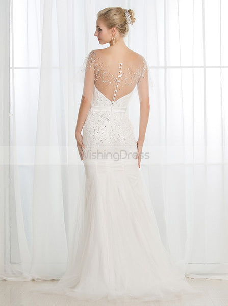 Beaded Mermaid Wedding Dresses,Short Sleeves Wedding Dress,Illusion Bridal Dress,WD00021