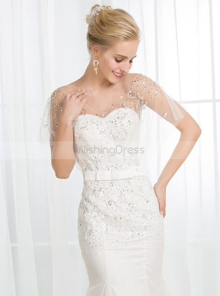 Beaded Mermaid Wedding Dresses,Short Sleeves Wedding Dress,Illusion Bridal Dress,WD00021