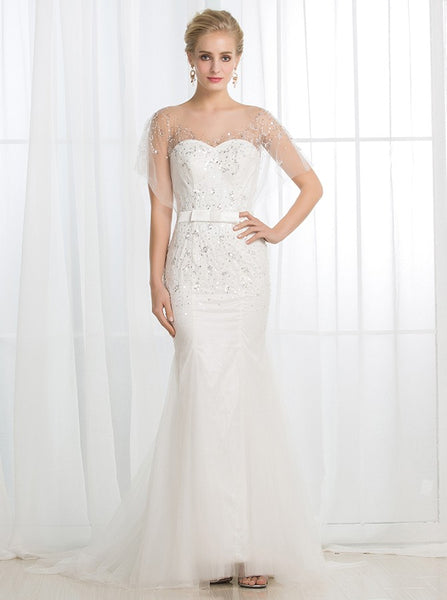Beaded Mermaid Wedding Dresses,Short Sleeves Wedding Dress,Illusion Bridal Dress,WD00021
