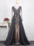 Beaded Prom Dress with Illusion Sleeves,Fitted Prom Dress with Overskirt,PD00380
