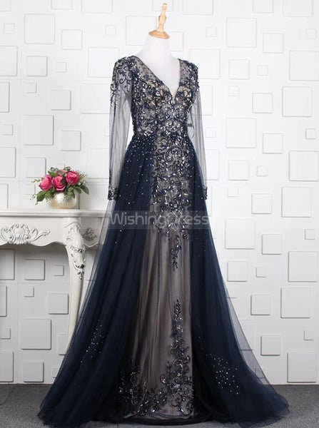 Beaded Prom Dress with Illusion Sleeves,Fitted Prom Dress with Overskirt,PD00380