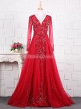 Beaded Prom Dress with Illusion Sleeves,Fitted Prom Dress with Overskirt,PD00380