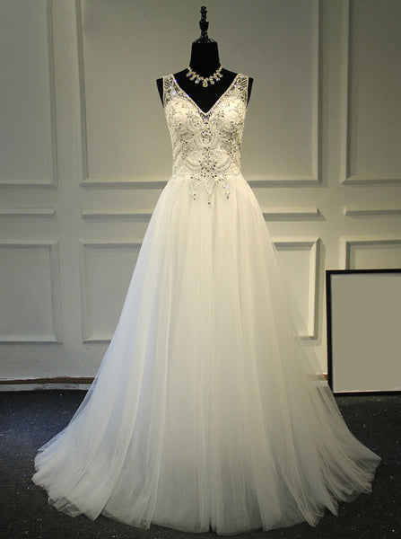 Beaded Tulle Wedding Dresses,Long Destination Wedding Dress,WD00377