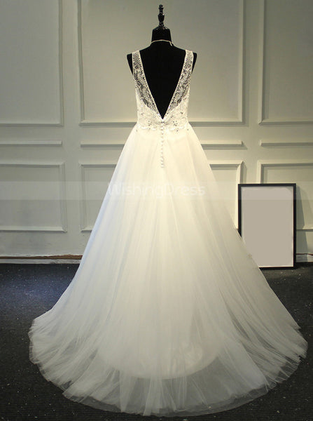 Beaded Tulle Wedding Dresses,Long Destination Wedding Dress,WD00377