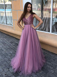 Beautiful Tulle A-line Prom Dresses,Purple V-neck Evening Dress,PD00474