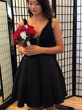 Black A-line Homecoming Dresses,Satin V-neck Cocktail Dress,HC00170