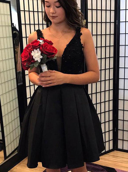 Black A-line Homecoming Dresses,Satin V-neck Cocktail Dress,HC00170