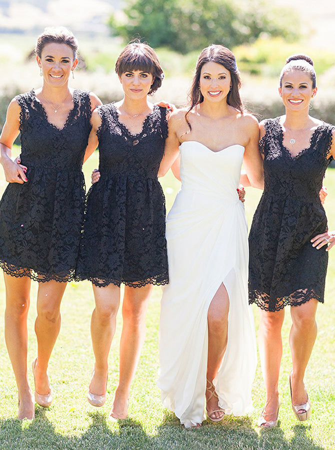Black Bridesmaid Dress,Short Lace Bridesmaid Dress,V neck Bridesmaid D