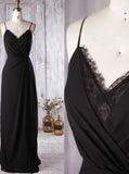 Black Bridesmaid Dress with Spaghetti Straps,Chiffon Bridesmaid Dress Summer,BD00373