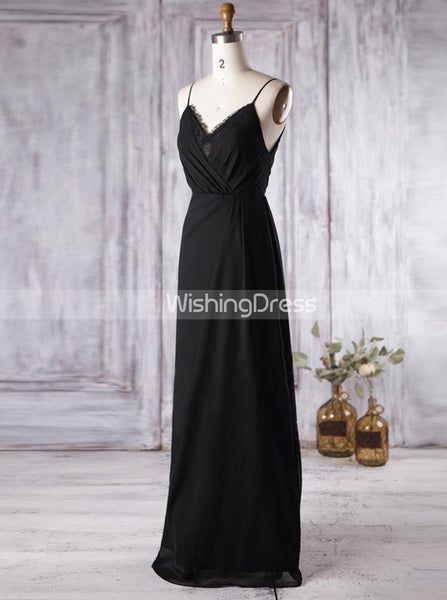 Black Bridesmaid Dress with Spaghetti Straps,Chiffon Bridesmaid Dress Summer,BD00373