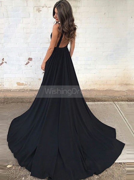 Black Chiffon Evening Dress with Train,Backless Prom Dress,Evening Dress with Pockets PD00065