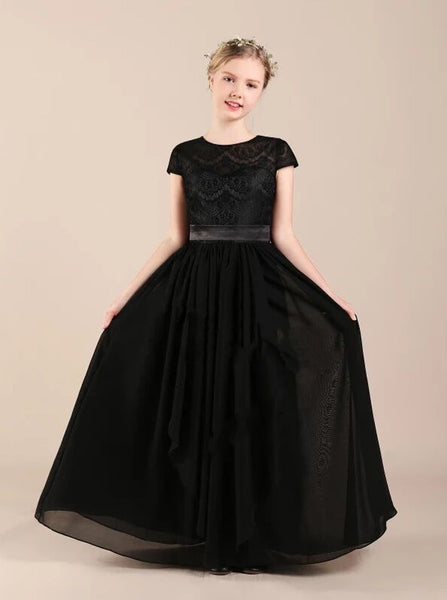 Black Chiffon Junior Bridesmaid Dress,Elegant Junior Bridesmaid Dress with Sleeves,JB00051