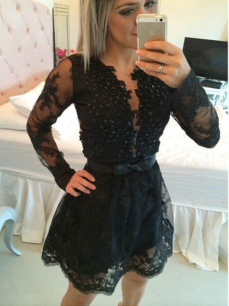 Black Cocktail Dresses,Cocktail Dress with Sleeves,Short Prom Dress,Lace Cocktail Dress,CD00037