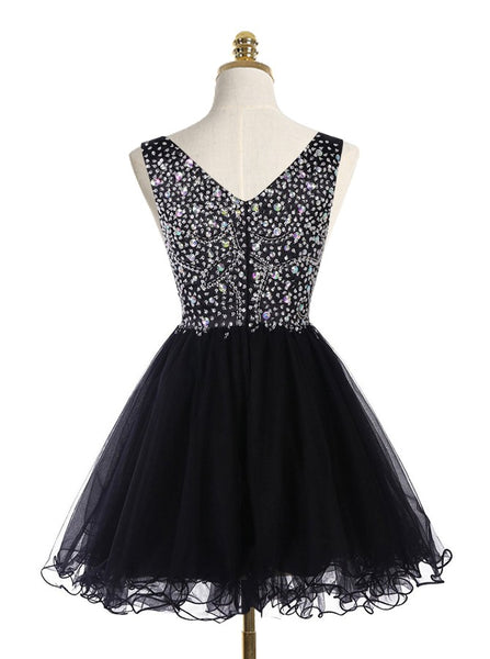 Black Cocktail Dresses,Sparkly Cocktail Dress,Short Homecoming Dress,V neck Cocktail Dress,CD00023