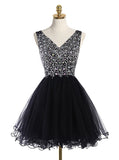 Black Cocktail Dresses,Sparkly Cocktail Dress,Short Homecoming Dress,V neck Cocktail Dress,CD00023