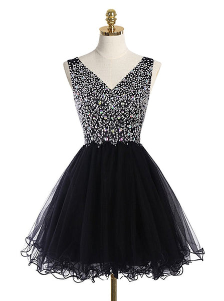 Black Cocktail Dresses,Sparkly Cocktail Dress,Short Homecoming Dress,V neck Cocktail Dress,CD00023