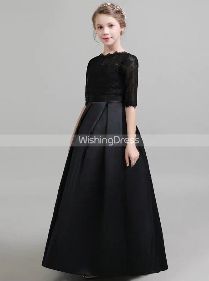 Black Formal Kids Party Dresses,Fall Satin Junior Bridesmaid Dress wit