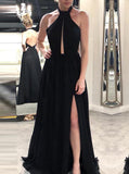 Black Halter Neck Chiffon Evening Dress,Backless Prom Dress,Romantic Evening Dress PD00103