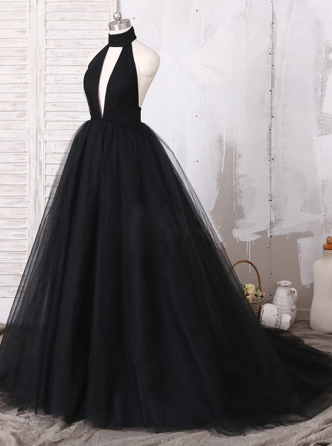 Black Halter Prom Dress,Tulle Prom Ball Gown,Vogue Evening Dress PD000