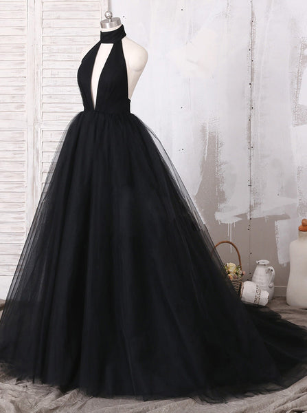 Black Halter Prom Dress,Tulle Prom Ball Gown,Vogue Evening Dress PD00081