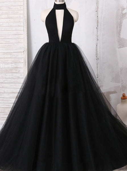Black Halter Prom Dress,Tulle Prom Ball Gown,Vogue Evening Dress PD00081
