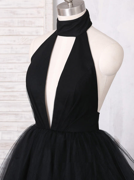 Black Halter Prom Dress,Tulle Prom Ball Gown,Vogue Evening Dress PD00081