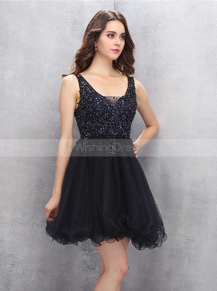 Black Homecoming Dresses,Beaded Homecoming Dress,Tulle Homecoming Dress,HC00121