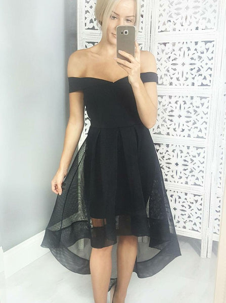 Black Homecoming Dresses,High Low Homecoming Dress,Off the Shoulder Homecoming Dress,HC00052