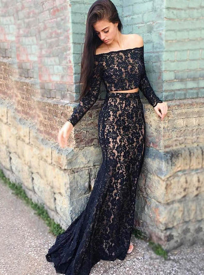 Black Mermaid Lace Evening Dress,Evening Dress with Long Sleeves,Two P